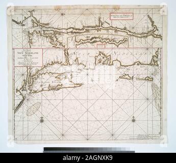 In lower right and lower left corners, within neat line: 20. Met privilegie voor 15 iaaren. Appears in De Nieuwe groote lichtende zee-fakkel. Part IV. Covers Hudson River as far as Albany, the New York region and the coast of Long Island and New England as far as Nantucket Island. Depths shown by soundings. Includes ancilliary map of the Hudson River and inset of Connecticut River. Lawrence H. Slaughter Collection ; 660. National Endowment for the Humanities Grant for Access to Early Maps of the Middle Atlantic Seaboard. Citation/Reference: Koeman, C. Atlantes Neerlandici, IV, p. 348-349, 385; Stock Photo