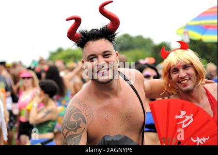 Brazil - March 3, 2019: Disguised revelers having a good time during a carnival street parade in Rio de Janeiro. Stock Photo