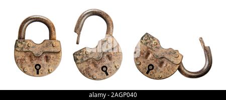 Set of open and closed old padlocks isolated on a white background Stock Photo