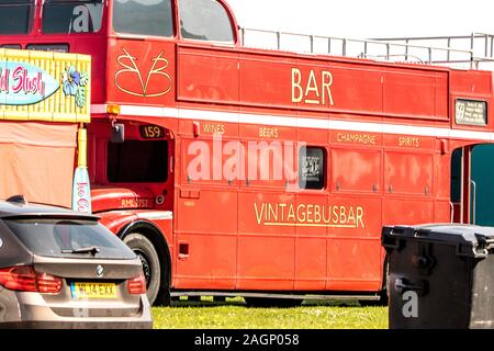Silverstone Race Track, Milton Keynes, United Kingdom - 19th April 2019 : An old British London bus converted into a bar at the world famous race trac
