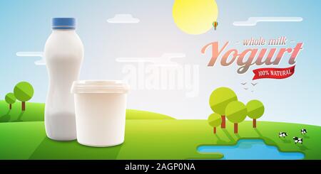 Blank yougurt packaging design on shiny outdoor background with trees and cows, flat techique vector illustration for milk or yogurt product branding Stock Vector