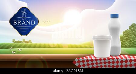 Organic Yogurt blank packaging mock-up standing on a red napkin ad design with logo on shiny farm background, vector banner illustration for milk or Stock Vector