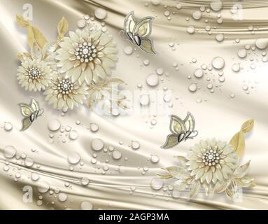 3D background, Jewelry flowers on silk background. The original panel will turn your room in with the most recent world trends in interior fashion. Stock Photo