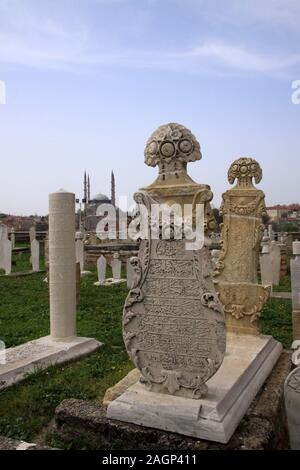 ottoman tombstones in the garden of muradiye mosque Stock Photo