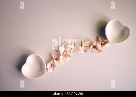 two ceramic heart-shaped bowls, dried phalaenopsis petals, abstractly arranged dry orchid flowers for a festive romantic design in light pink Stock Photo