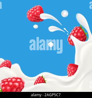 Milk splash with raspberry vector illustration Stock Vector