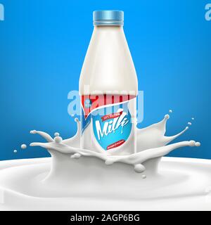 Vector milk bottle, ready mockup for your design. Beverage product concept background banner realistic illustration with milk or yogurt swirl and milk Stock Vector