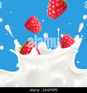 Realistic splashing milk with raspberry Stock Vector