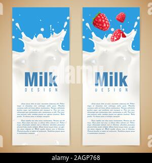 Milk design vector illustration with milk splash and raspberry Stock Vector
