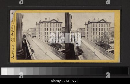 Perspective view of Duane St, showing portion of City Hospital  Views of Health and Welfare buildings and activities: children in yard of Home for the Friendless, and at Thanksgiving dinner; Five Points Mission; quarantine hospital, and samll pox hospital, Blackwell's Island; asylum for the Blind; Catholic Orphan Asylum, Madison Ave.; City Hospital; Episcopal Home; Eye and Ear Asylum; Frnch Hospital, 42nd and Lexington; Presbyterian Hospital, 73rd between 4th and Madison; Roosevelt Hospital; St. Lukes Hospital; Stewart's Home for Women; men, women and children on the steps of the Deaf and Dumb Stock Photo