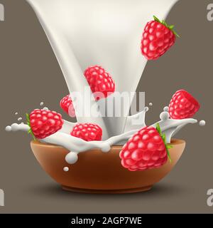 Pouring natural milk and big splash wtho falling raspberry vector realistic illustration Stock Vector