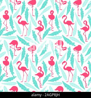 Seamless pattern with pink flamingo silhouettes and green leaves on white background. Vector illustartion. Stock Vector