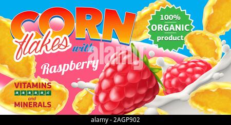 Realistic corn flakes with sweet delicious Raspberry ad illustration with big milk splash. High quality art for advertising flyer, poster or label Stock Vector
