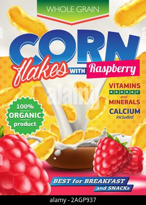 Realistic corn flakes with sweet delicious raspberry ad illustration with big milk splash. High quality art for advertising flyer, poster or label Stock Vector