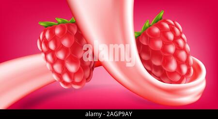 Raspberry in cream or yogurt swirl. Vector illustration for milk products and beverage design high quality art Stock Vector