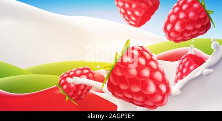 Raspberry in milk High quality vector realistic illustration Stock Vector