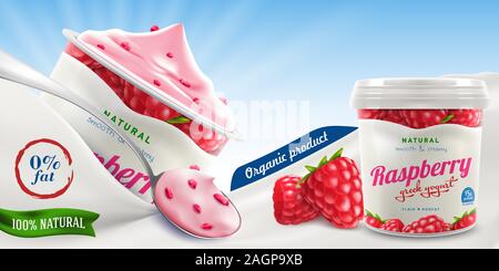 Raspberry Greek yogurt packaging jar ads with natural taste, flavor and small pieces of sliced raspberry in milk or cream wave commercial vector Stock Vector