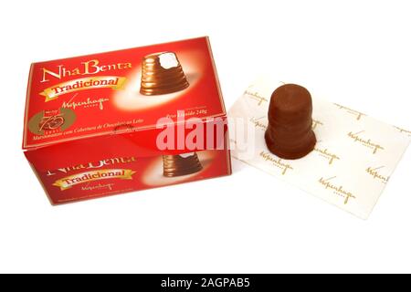 Box of Traditional Nha Benta Chocolate Covered Marshmallows from Brazil Stock Photo