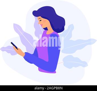Woman looking at the phone and checking social networks. Virtual communication. Girl reads SMS chat. Online dating concept. Flat modern vector