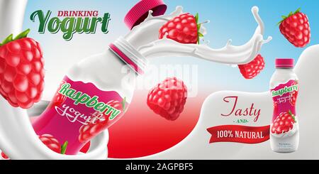 Drinking yogurt ads with natural raspberry taste and flavor with splashing milk swirl commercial vector mock-up hyperrealistic illustration Stock Vector