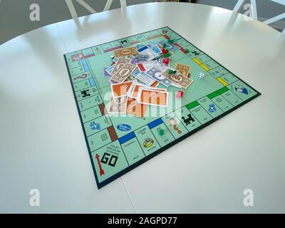 Orlando, FL/USA-12/20/19:  Pieces for the game Monopoly by Hasbro on a white background.  Concept business, banking, property, and game over. Stock Photo