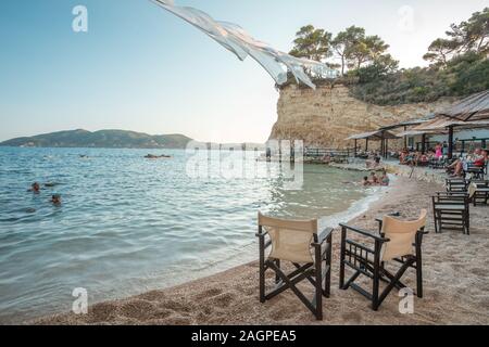 Cameo Island, Greece, August 2019, Cameo Island, private island off the shore of Laganas, Zakynthos with romantic, rope with white sheets. Famous Stock Photo