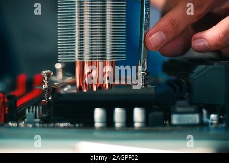 Closeup shot of a person repairing a motherboard with a screwdriver Stock Photo