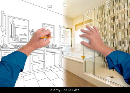 Male Hands Sketching Beautiful Custom Bathroom Gradating to Finished Construction. Stock Photo