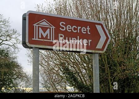 Brown Secret Bunker sign, museum, Hack Green, French Ln, Nantwich, Cheshire, England UK,  CW5 8BL - former nuclear bunker