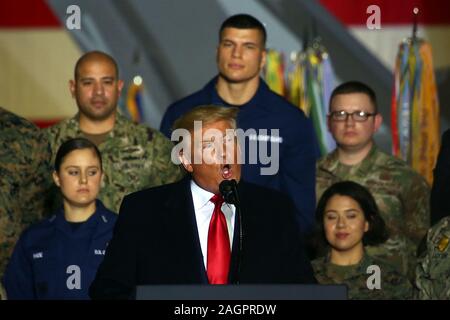 Washington, United States. 20th Dec, 2019. US President Donald Trump speaks during a signing ceremony for S.1790, the National Defense Authorization Act for Fiscal Year 2020 on Friday, December 20, 2019 at Joint Base Andrews in Maryland. Photo by Alex Wroblewski/UPI Credit: UPI/Alamy Live News Stock Photo