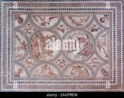 Roman Iberian city of Castulo, Mosaic of the loves, Linares, Jaen province, Region of Andalusia, Spain, Europe. Stock Photo