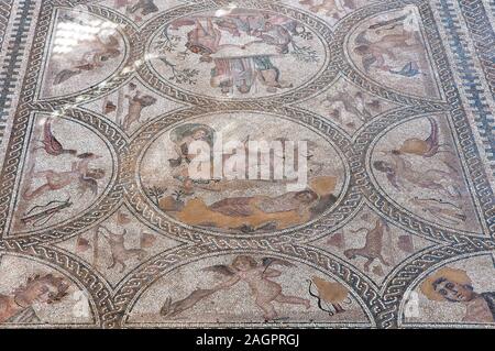 Roman Iberian city of Castulo, Mosaic of the loves - detail, Linares, Jaen province, Region of Andalusia, Spain, Europe. Stock Photo