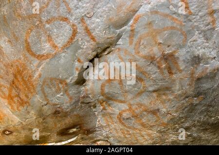 Schematic cave paintings, Chalcolithic period, Arroyo de San Servan, Badajoz, Extremadura, Spain, Europe. Stock Photo