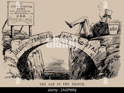 The Gap in the Bridge. Cartoon on the absence of the USA in the League of Nations. Punch, 10 December 1919. Museum: PRIVATE COLLECTION. Author: Leonard Raven-Hill. Stock Photo