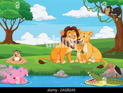 Cartoon lion family in the jungle Stock Vector