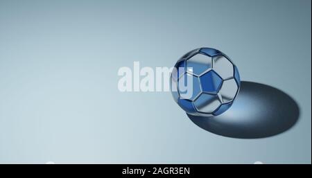 A glass football isolated on a light blue background with blank text space on the left, a 3D illustration Stock Photo