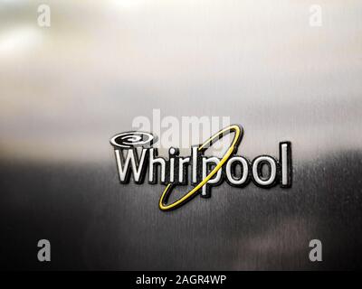 Whirlpool logo chrome metal surface on background Stock Photo