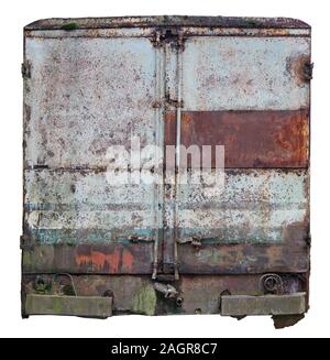 Decayed rusty nameless car vanfor transportation of agricultural products and bread  back doors . Isolated on white Stock Photo
