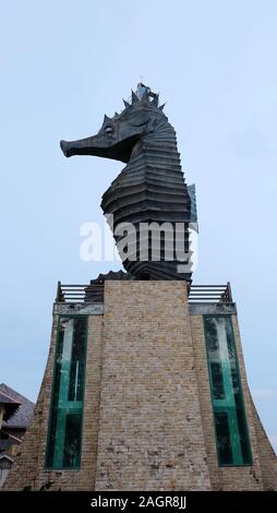 Miri, Malaysia - November 16, 2019: Sideview of a seahorse lighthouse in Coco Cabana, Miri. Stock Photo