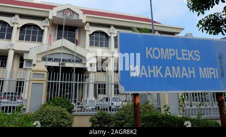 Miri, Malaysia - November 16, 2019: Exterior of Miri Court House. Translation of sign: Miri Court Complex. Stock Photo