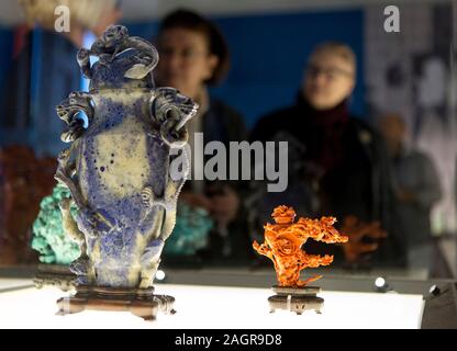 (191221) -- ATHENS, Dec. 21, 2019 (Xinhua) -- Artworks made of precious stones are displayed at the opening of the exhibition 'Chinese works of art from the I. and D. Passas Collection' at the Byzantine and Christian Museum in Athens, Greece, Dec. 18, 2019. An exhibition featuring 100 Chinese decorative objects dating back to the Qing Dynasty (1644-1911) has opened door this week at the Byzantine and Christian Museum in Athens. The artworks of the exhibition called 'Chinese works of art from the I. and D. Passas Collection' belong to the Foundation of Greek collectors Ioannis and Dimitra Pa Stock Photo