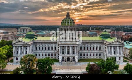 Capitol in Harrisburg, Pennsylvania in sunrise, aerial panoramic view Stock Photo