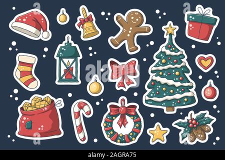 Christmas sticker set. Vector collection for stickers, patches, badges, pins. Hand drawn style doodle. Stock Vector