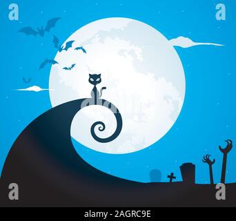 A Halloween cat is sitting above the abstract swirl Stock Vector