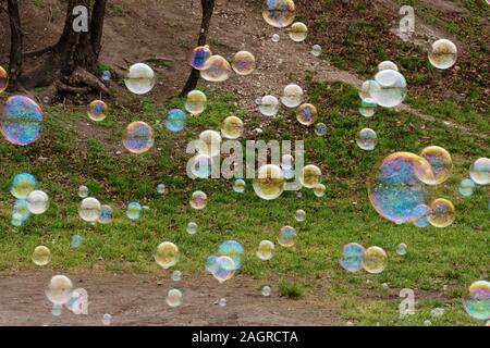 Transparent colorful soap bubbles flying on green grass background in a sunny summer day. Stock Photo