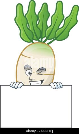 Grinning daikon cartoon character style hides behind a board Stock Vector