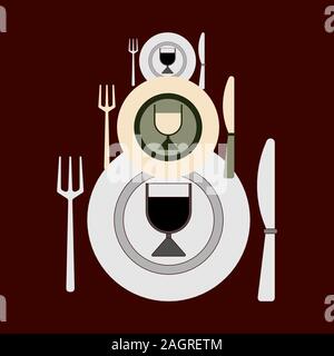 Plates, forks, knives and glasses of different sizes for changing dishes on a dark background. Flat design. Vector illustration. Suitable for restaura Stock Vector
