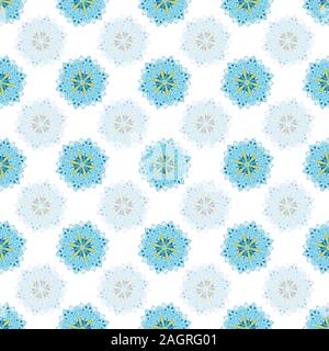 star shaped mandalas seamless vector pattern in blue, white and yellow colors Stock Vector