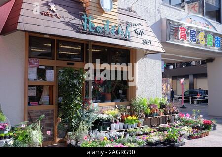 Cityscape around Takao Station of JR east ansd Keio line: flower shop Stock Photo