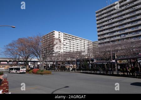 Cityscape around Takao Station of JR east ansd Keio line Stock Photo